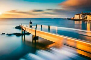 een lang blootstelling foto van een brug over- de oceaan. ai-gegenereerd