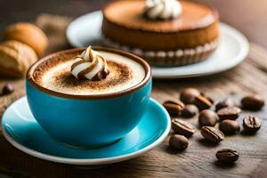 koffie bonen en een kop van cappuccino. ai-gegenereerd foto