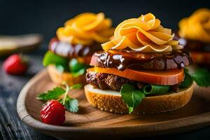 drie hamburgers met kaas en saus Aan een houten bord. ai-gegenereerd foto