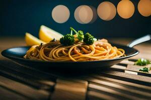 een bord van spaghetti met broccoli en citroen. ai-gegenereerd foto