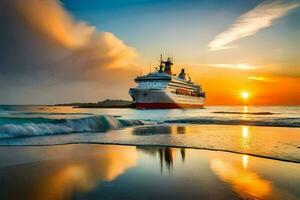 een reis schip in de oceaan Bij zonsondergang. ai-gegenereerd foto