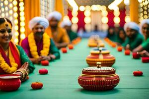 een groep van mensen in Indisch kleding zittend Bij een lang tafel. ai-gegenereerd foto