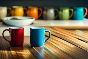 twee kleurrijk koffie mokken zitten Aan een houten tafel. ai-gegenereerd foto