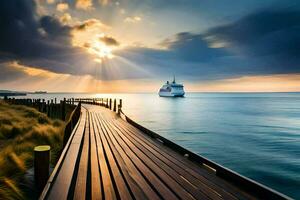 een houten pier met een boot Aan de horizon. ai-gegenereerd foto