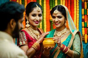 twee Dames in traditioneel Indisch kleding Holding een pot. ai-gegenereerd foto