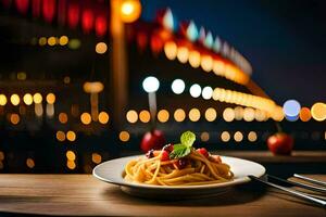 een bord van pasta met een visie van de stad. ai-gegenereerd foto