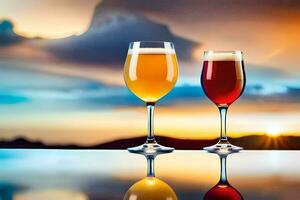 twee bril van bier Aan een tafel met een zonsondergang in de achtergrond. ai-gegenereerd foto