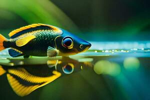 een vis met een geel en blauw lichaam is weerspiegeld in de water. ai-gegenereerd foto
