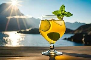 een glas van limonade Aan een houten tafel met de zon schijnt. ai-gegenereerd foto