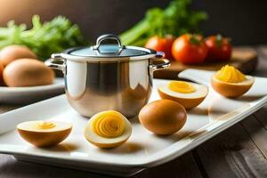 moeilijk gekookt eieren Aan een wit bord met een pot. ai-gegenereerd foto