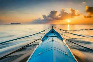 een boot in de oceaan Bij zonsondergang. ai-gegenereerd foto