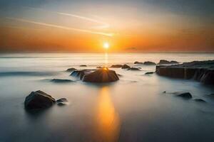 de zon stijgt over- de oceaan en rotsen. ai-gegenereerd foto