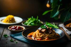 spaghetti met vlees en saus Aan een houten tafel. ai-gegenereerd foto