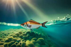 een vis zwemmen in de oceaan omringd door groen algen. ai-gegenereerd foto