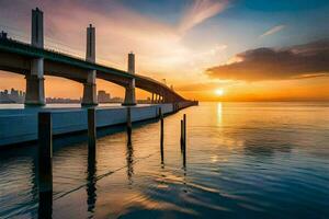 de zon sets over- een brug in de water. ai-gegenereerd foto