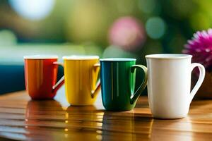 kleurrijk koffie cups Aan een houten tafel. ai-gegenereerd foto