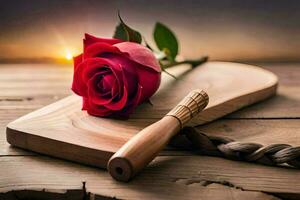 een rood roos Aan een houten snijdend bord. ai-gegenereerd foto