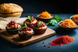 cupcakes met granaatappel en specerijen Aan een snijdend bord. ai-gegenereerd foto