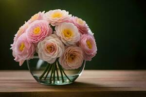 roze rozen in een glas vaas Aan een tafel. ai-gegenereerd foto