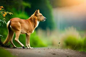 een hond is staand Aan een weg in de midden- van een veld. ai-gegenereerd foto