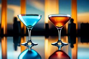 twee martini bril met verschillend kleuren Aan een tafel. ai-gegenereerd foto