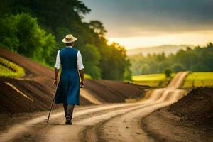 een Mens in een blauw pak en hoed wandelen naar beneden een aarde weg. ai-gegenereerd foto