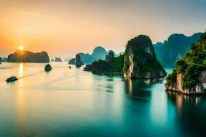 de zon sets over- de water in Halong baai, Vietnam. ai-gegenereerd foto