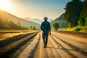 een Mens wandelen Aan een aarde weg met een riet. ai-gegenereerd foto