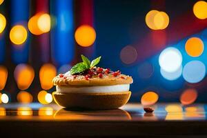 een toetje Aan een houten tafel met lichten in de achtergrond. ai-gegenereerd foto