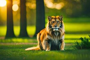 een tijger zittend in de gras Bij zonsondergang. ai-gegenereerd foto