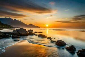 de zon sets over- een strand met rotsen en water. ai-gegenereerd foto