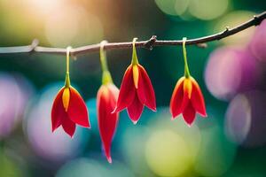 rood bloemen hangende van een Afdeling. ai-gegenereerd foto