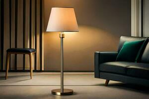 een modern lamp met een goud schaduw. ai-gegenereerd foto