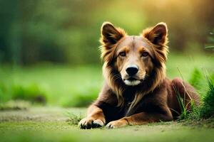 een bruin hond houdende in de gras. ai-gegenereerd foto