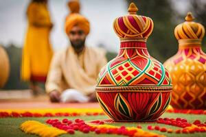 een Mens in een tulband zit Aan de grond De volgende naar een vaas. ai-gegenereerd foto