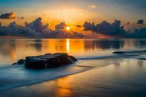 zonsondergang Aan de strand, rotsen, water, wolken, hd behang. ai-gegenereerd foto