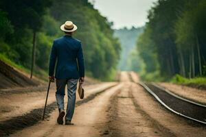 een Mens in een pak en hoed wandelen naar beneden een aarde weg. ai-gegenereerd foto