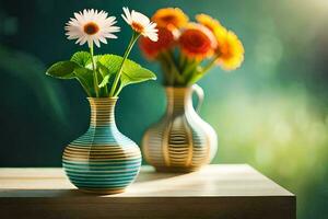 twee vazen met bloemen Aan een tafel. ai-gegenereerd foto