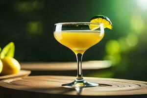 een cocktail met een limoen garneer zit Aan een houten tafel. ai-gegenereerd foto