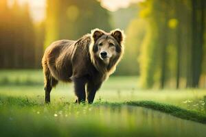 een bruin beer is staand in de gras. ai-gegenereerd foto