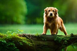 een gouden retriever staand Aan een log in de bossen. ai-gegenereerd foto