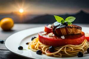 een bord van spaghetti met tomaten en vlees. ai-gegenereerd foto