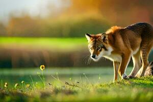 een wolf is wandelen in de gras in de buurt een vijver. ai-gegenereerd foto