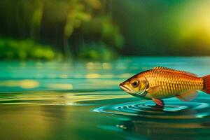 een vis is drijvend Aan de water in voorkant van een groen achtergrond. ai-gegenereerd foto