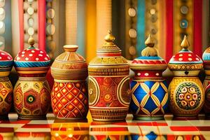 kleurrijk houten vazen met decoratief ontwerpen. ai-gegenereerd foto