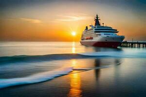 een reis schip in de oceaan Bij zonsondergang. ai-gegenereerd foto