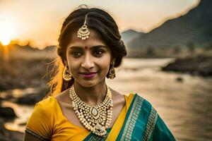 een mooi Indisch vrouw in een sari staand door een rivier. ai-gegenereerd foto