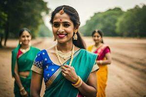 drie Dames in sari's staand in een veld. ai-gegenereerd foto