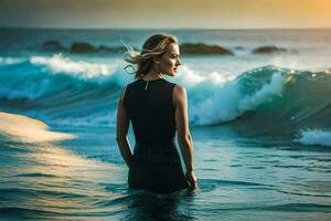 een vrouw in een zwart zwempak staat in de oceaan Bij zonsondergang. ai-gegenereerd foto