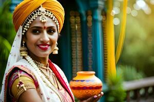 een vrouw in traditioneel Indisch kleding Holding een pot. ai-gegenereerd foto